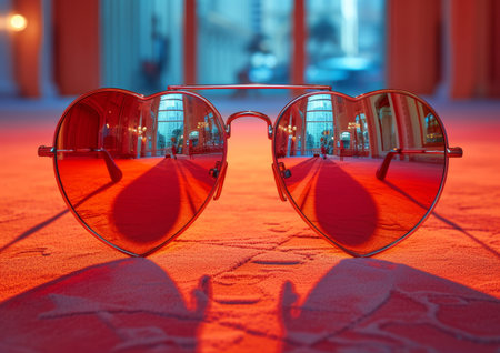 A pair of heart shaped sunglasses on lying the ground in a neat arrangement.の素材