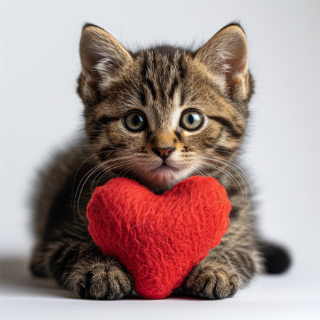 A playful kitten holds a red heart in its tiny paws against a clean white background.の素材