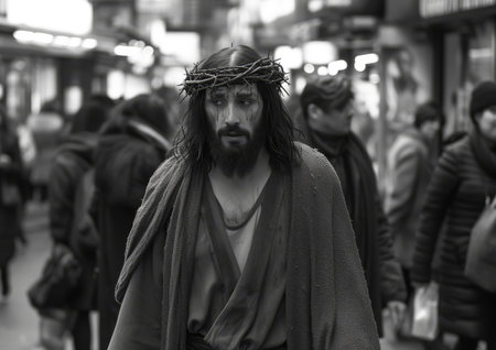 A man wearing a crown walks confidently down the street.の素材