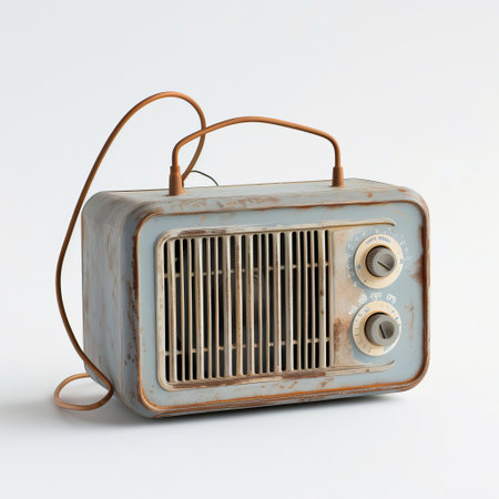 An image of an old-fashioned radio placed on top of a table.の素材