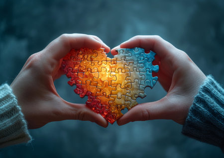 A person grasps a puzzle heart in their hands, displaying a symbol of love and connection.の素材