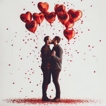 Two men standing side by side under a cluster of heart-shaped balloons.の素材