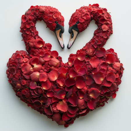 A photo featuring two bird sculptures meticulously crafted out of vibrant flowers arranged in the shape of a heart.の素材