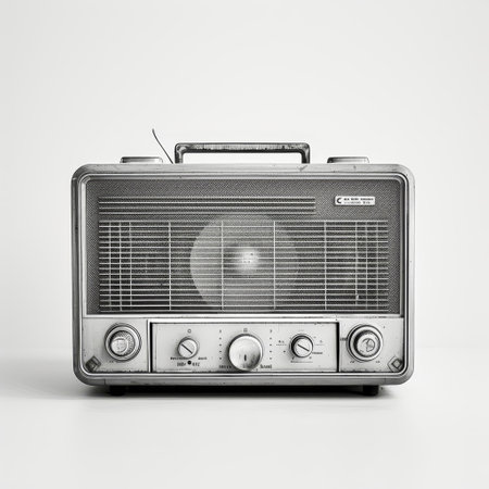 A silver radio sits prominently on top of a clean white table.の素材