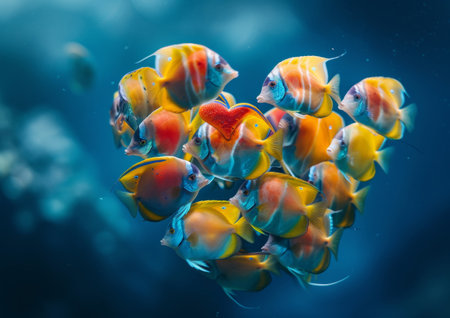 A group of vibrant fish gracefully swim together in the crystal clear waters of the ocean.の素材