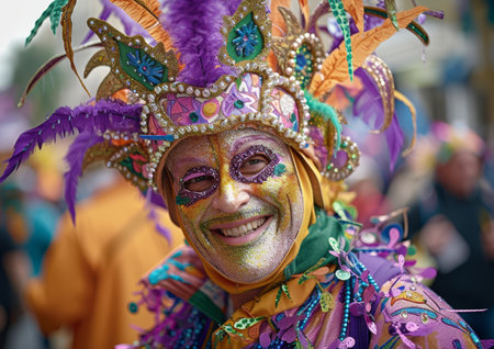 A man wearing a colorful Mardi Gras mask smiles directly at the camera, exuding joy and excitement.の素材