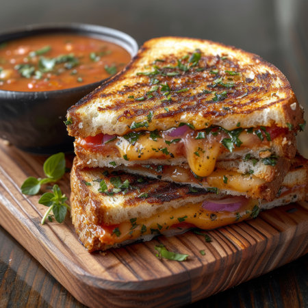 A delicious grilled cheese sandwich served alongside a steaming bowl of tomato soup.の素材