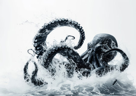 An octopus, with its tentacles fully extended, glides through the water.の素材