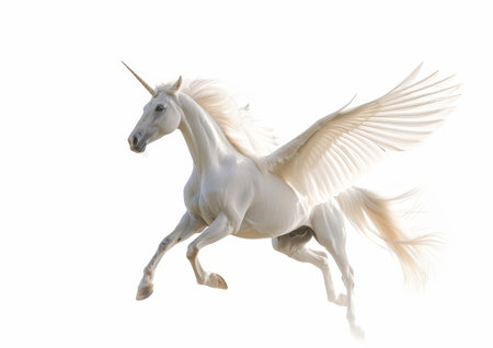 A striking white unicorn with graceful wings effortlessly glides through the air, showcasing its ethereal beauty.の素材