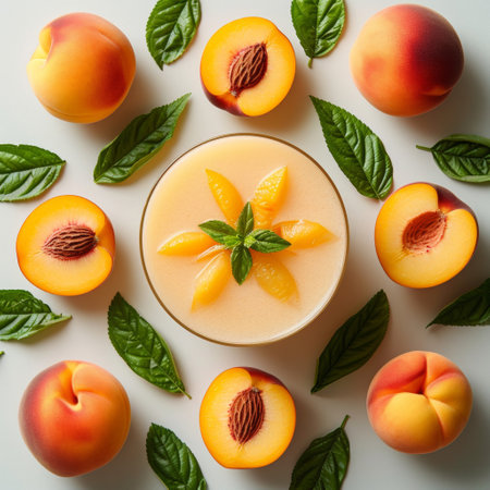 A refreshing glass of peach smoothie is placed amidst a vibrant arrangement of peaches and leaves.の素材