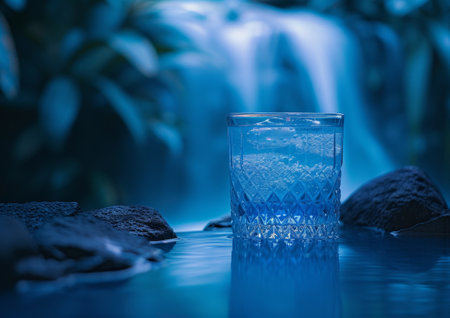 A shot glass is seen placed on a table with a majestic waterfall in the background.の素材