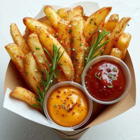 A basket filled with hot and crispy French fries, generously covered in thick and tangy ketchup.の素材