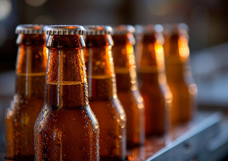 Several beer bottles arranged neatly in a straight line on top of a table.の素材