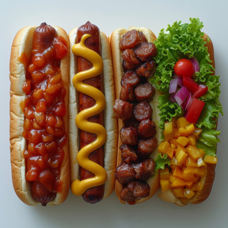 A photo showcasing three hotdogs with various toppings, accompanied by a side of fresh salad.の素材