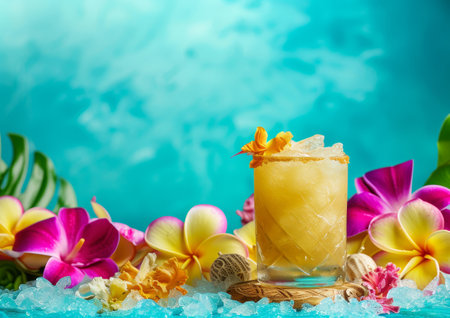 A glass containing a refreshing drink, accompanied by a bouquet of vibrant flowers, placed on a table.の素材