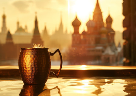 A coffee cup sits on top of a table next to a window, filled with natural light.の素材