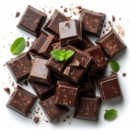 A tempting display of chocolate arranged in a pile with fresh mint leaves elegantly placed on top.の素材