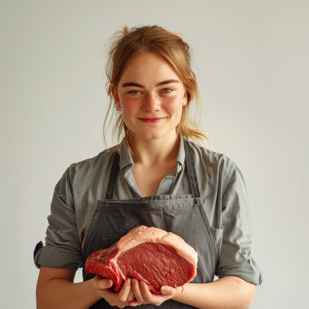 A woman holding a piece of meat in her hands, showcasing the raw ingredient. The meat appears fresh and substantial, with the woman's hands clearly visible as she grips it firmly.の素材