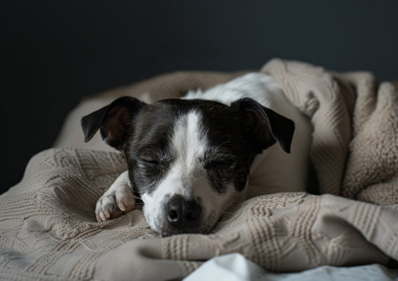 A black and white dog peacefully sleeps on a cozy blanket, curled up in a comfortable position. Its eyes are closed, and its breathing is slow and steady.の素材