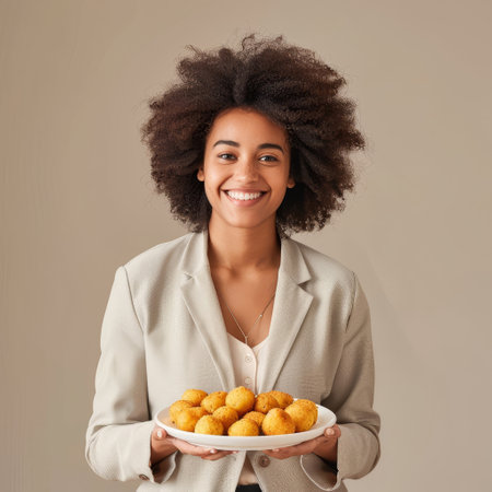 A woman is standing, holding a plate filled with food. She appears to be getting ready to eat or serve the meal, with a focused expression on her face.の素材