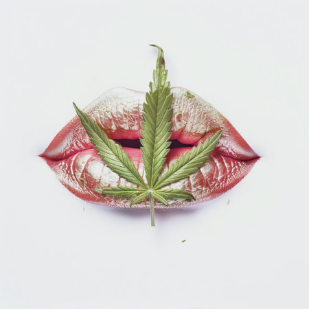 A woman's lips with a marijuana leaf sticking out, showcasing the act of smoking cannabis. The leaf is partially inside the mouth as if being ingested or held for further use.の素材