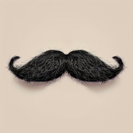 A realistic-looking fake mustache placed on a plain white background, creating a whimsical and humorous look. The mustache is neatly trimmed and styled, adding a fun touch to any outfit or costume.の素材