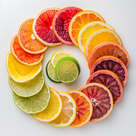 A circle of bright, fresh citrus fruit slices displayed in a perfectly arranged circle, showcasing the vibrant colors and textures of oranges, lemons, limes, and grapefruits.の素材