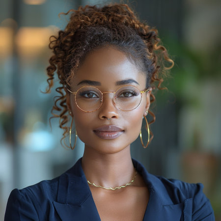 A woman with glasses is wearing a blue shirt. She is looking directly at the camera, standing in a neutral pose.の素材