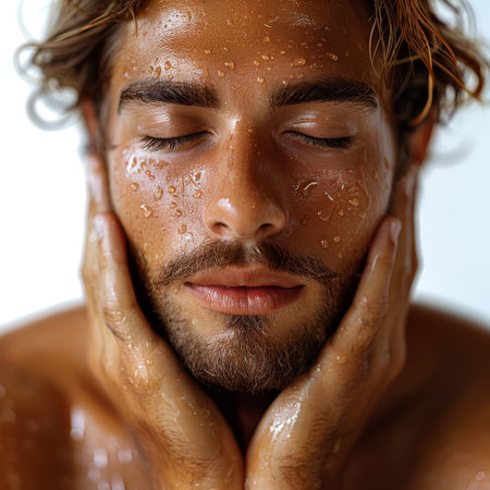 A man standing with wet hands on his face, rubbing vigorously as water drips down his skin. He appears to be cleaning his face, possibly after a long day. His expression is focused and determined as he completes this daily hygiene routine.の素材
