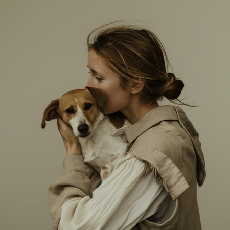 A woman is standing, holding a small dog in her arms. The dog looks relaxed, its tail wagging. The womans face shows a gentle smile as she interacts with her furry companion.の素材