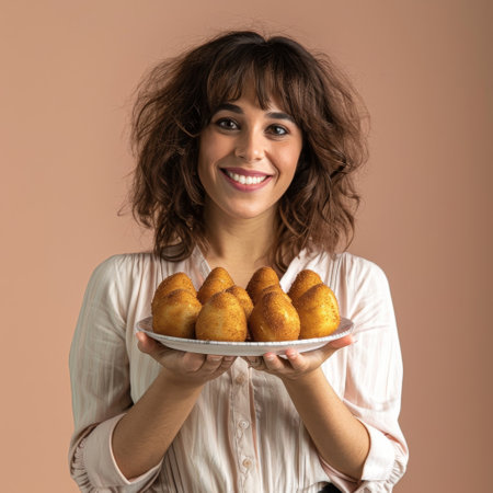 A woman standing and holding a plate filled with colorful donuts in her hands. She is looking at the sweet treats displayed on the plate.の素材