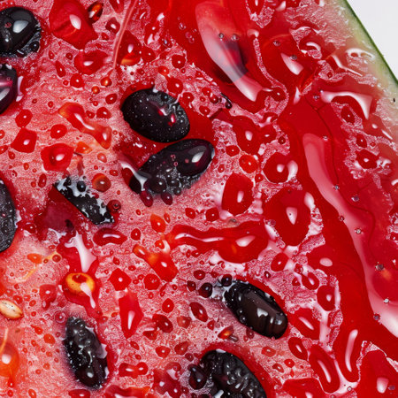 A fresh slice of watermelon topped with black olives, creating an unexpected culinary combination. The juicy watermelon contrasts with the savory olives, offering a unique flavor experience.の素材