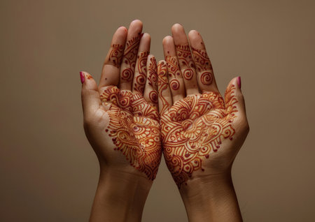 The image shows a close-up of a womans hands with intricate hennap designs painted on them. The dark brown paste forms delicate patterns on the palms and fingers, creating a traditional and culturally significant adornment.の素材