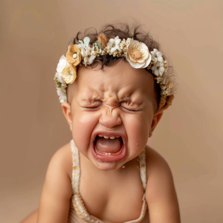 A baby with tears streaming down her face wearing a delicate flower crown on her head. The baby appears distressed or upset.の素材