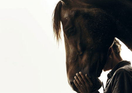 A man in casual attire stands beside a calm brown horse. The man's posture is relaxed, and he appears to be interacting with the horse. The horse stands peacefully, looking content in the presence of the man.の素材