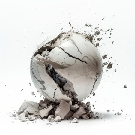 A broken egg shell lies on top of a chaotic pile of rubble, surrounded by debris and fragments of concrete. The egg appears cracked and empty, contrasting with the rough and uneven surfaces of the rubble.の素材