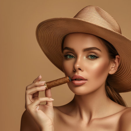 A woman wearing a brown hat is pictured smoking a cigar. She appears relaxed and confident as she enjoys her smoke.の素材