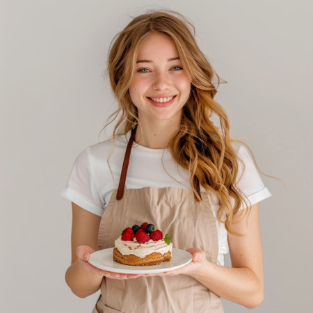 A woman standing while holding a plate with a cake on it. She is visibly proud and smiling, possibly celebrating a special occasion.の素材