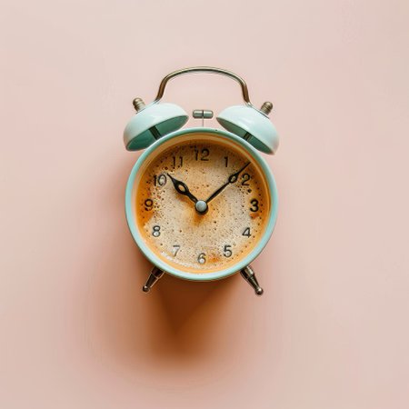 A blue alarm clock rests on top of a vibrant pink wall. The clock hands indicate the time, casting a shadow on the surface below. The contrasting colors create a striking visual contrast.の素材
