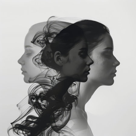 This black and white image depicts two womens heads side by side. They are facing the camera, and their expressions are neutral. The focus is on their features and hair.の素材