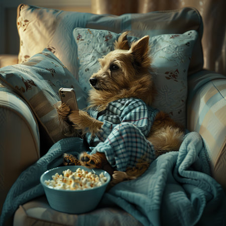 A dog of unspecified breed is sitting on a couch, next to a bowl filled with popcorn. The dog appears relaxed and focused, possibly waiting for an opportunity to eat the popcorn.の素材