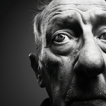 A black and white portrayal of an elderly man, showing the passage of time through his aged characteristics. The man is sitting, with a contemplative expression on his face, capturing a moment of reflection and wisdom.の素材