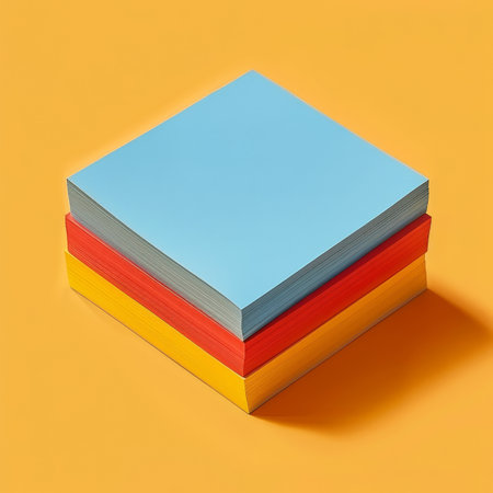 A stack of multicolored paper sheets neatly piled on top of a vibrant yellow table surface. The papers vary in shades of blue, green, pink, and yellow, creating a visually striking contrast against the background.の素材