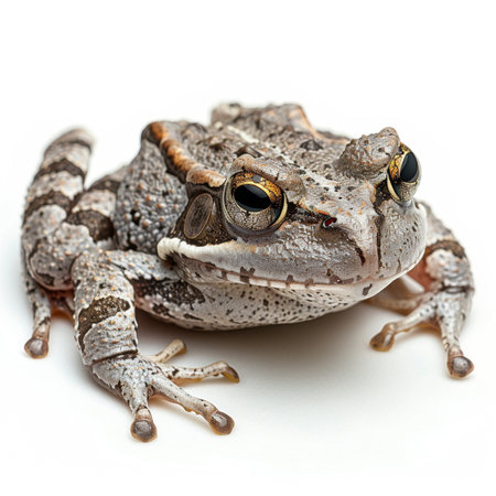A detailed view of a frog perched on a white background, showcasing its textured skin, bulging eyes, and webbed feet. The frog appears to be still, as if ready to leap at any moment.の素材