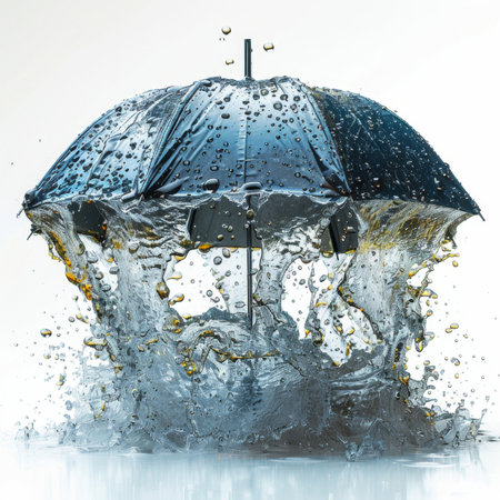 An umbrella with streams of water splashing out of it, creating a dynamic and wet scene. The force of the splashing water adds movement to the otherwise stationary umbrella, giving an unexpected twist to a common object.の素材