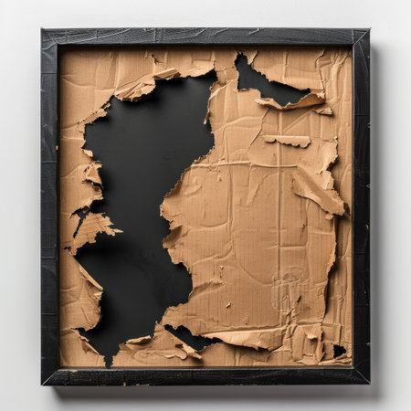 A piece of cardboard turned in half, showing rough edges and fibers exposed.の素材