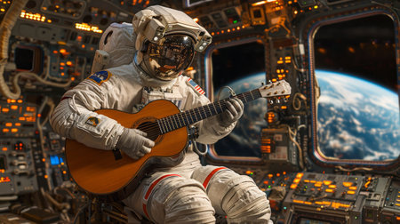 A man in a space suit playing an acoustic guitar while floating in space.の素材