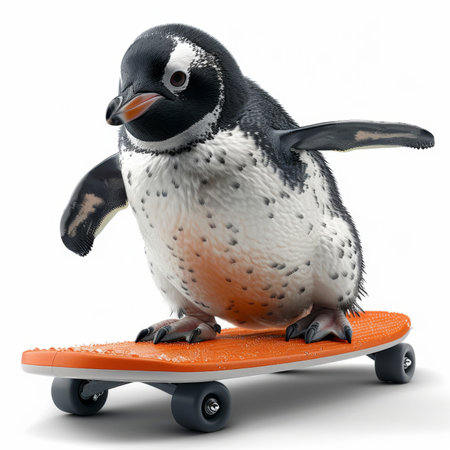 A small penguin sits comfortably on top of a skateboard, resembling a cute and amusing sight.の素材