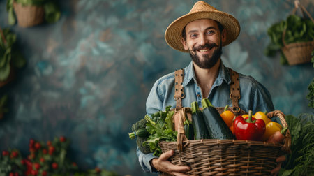 A man wearing a straw hat holding a basket filled with fresh vegetables.の素材
