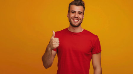 A man wearing a red shirt is smiling and giving a thumbs up gesture.の素材